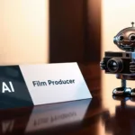 Roboter mit einer Kamera in der Hand und einem Schild AI Film Producer