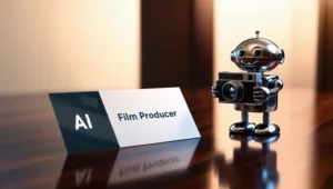Roboter mit einer Kamera in der Hand und einem Schild AI Film Producer
