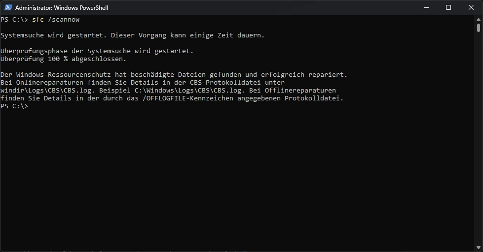 DISM Befehle Windows 11 - Relevante Kommandos im Überblick 3 sfc-scan-im-terminalfenster-mit-erfolgreicher-reparatur