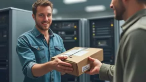Was ist IT-Modernisierung-Titelbild- Person übergibt Paket an einem IT Techniker